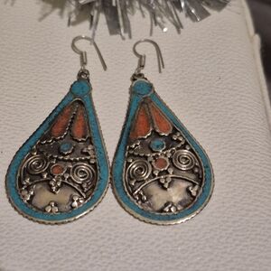 Coral Tibetan  Bohemian 2" Earrings